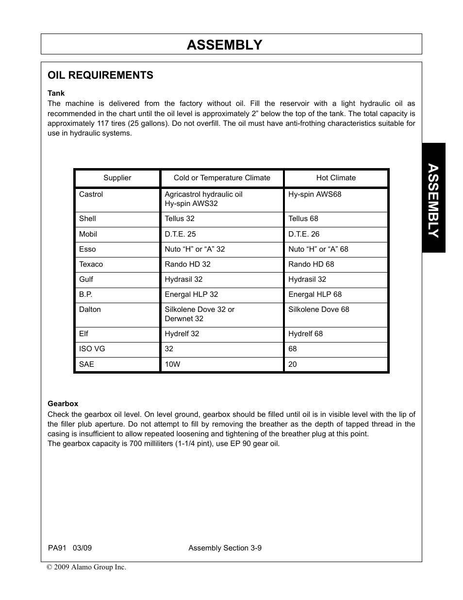 Oil requirements, Tank, Gearbox | Oil requirements -9 tank -9 gearbox -9, Assembly, Assembl y | Alamo 7191852C User Manual | Page 49 / 110