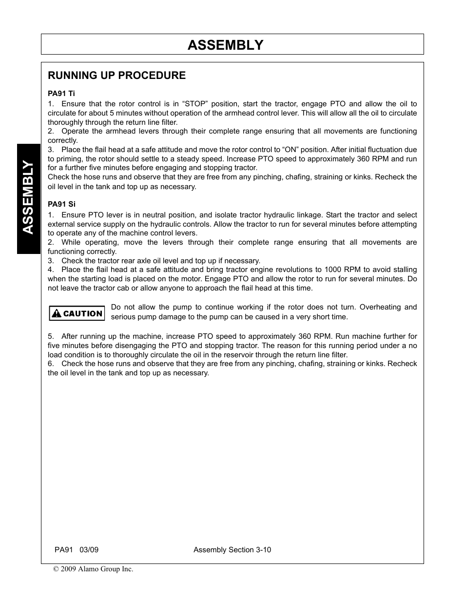 Running up procedure, Pa91 ti, Pa91 si | Running up procedure -10 pa91 ti -10 pa91 si -10, Assembly, Assembl y | Alamo 7191852C User Manual | Page 50 / 110