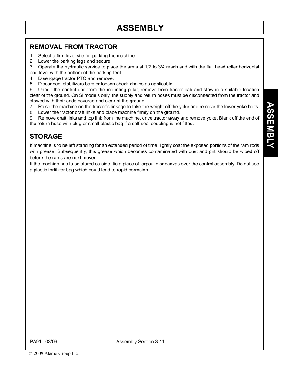 Removal from tractor, Select a firm level site for parking the machine, Lower the parking legs and secure | Disengage tractor pto and remove, Storage, Removal from tractor -11 storage -11, Assembly, Assembl y | Alamo 7191852C User Manual | Page 51 / 110