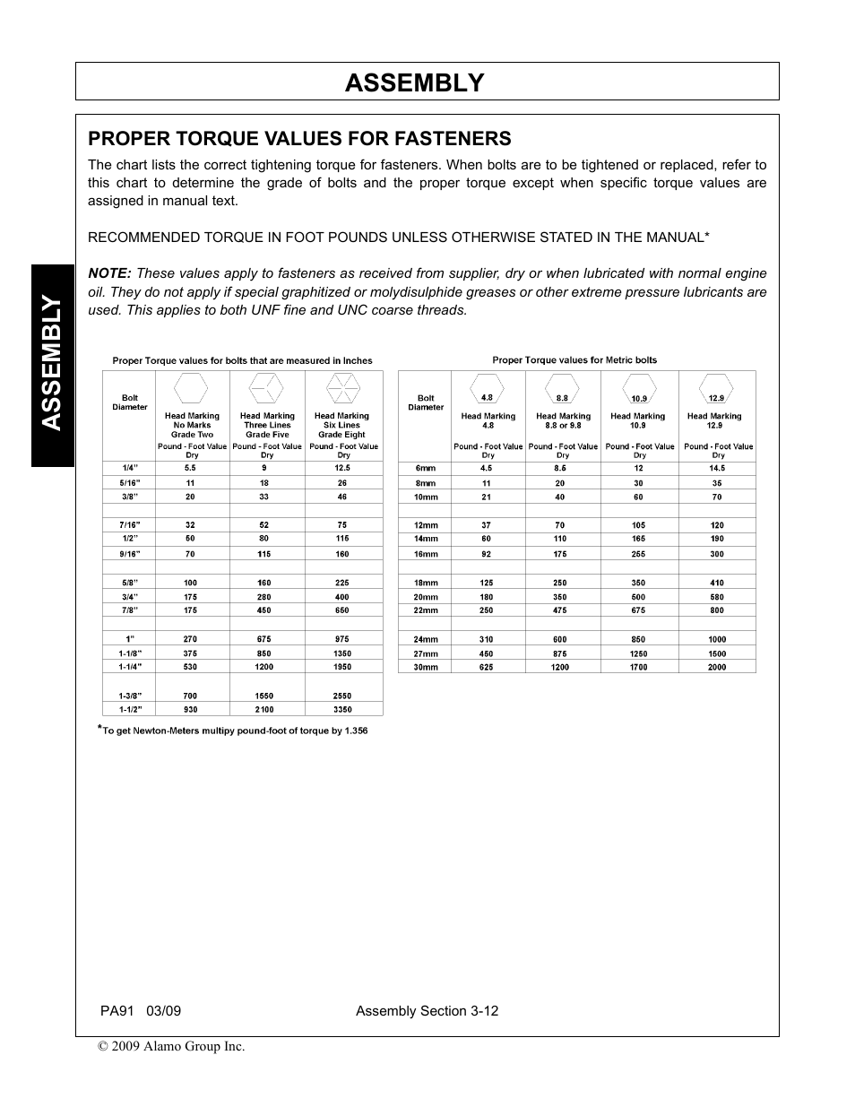 Proper torque values for fasteners, Proper torque values for fasteners -12, Assembly | Assembl y | Alamo 7191852C User Manual | Page 52 / 110