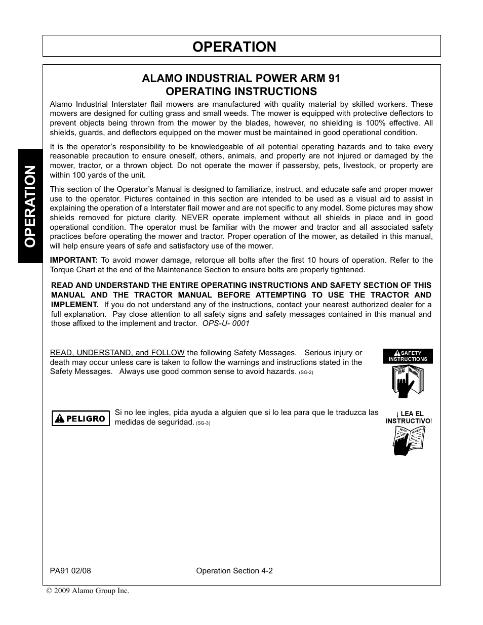 Alamo industrial power arm 91, Operating instructions, Operation | Opera t ion | Alamo 7191852C User Manual | Page 54 / 110