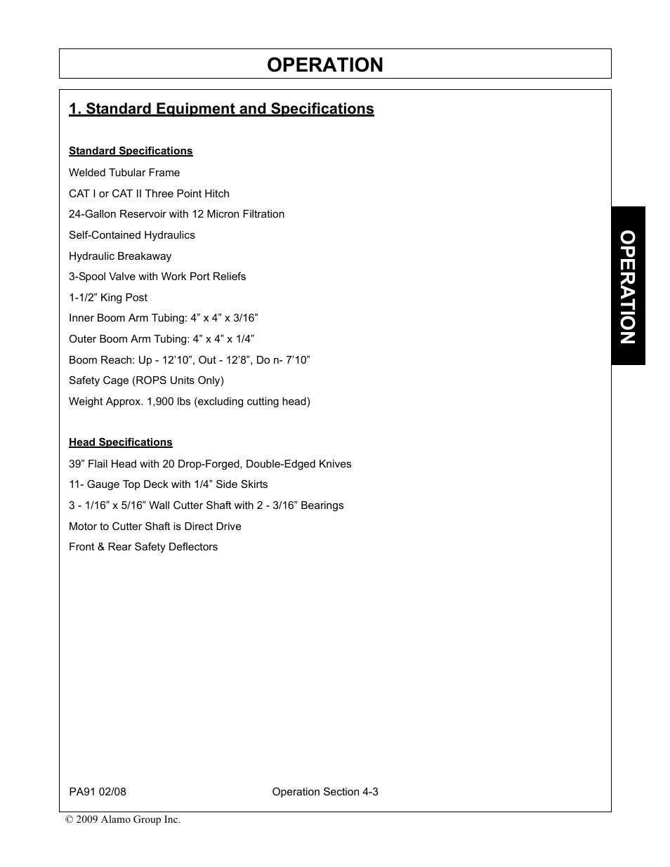 Standard equipment and specifications, Standard specifications, Head specifications | Standard equipment and specifications -3, Operation, Opera t ion | Alamo 7191852C User Manual | Page 55 / 110