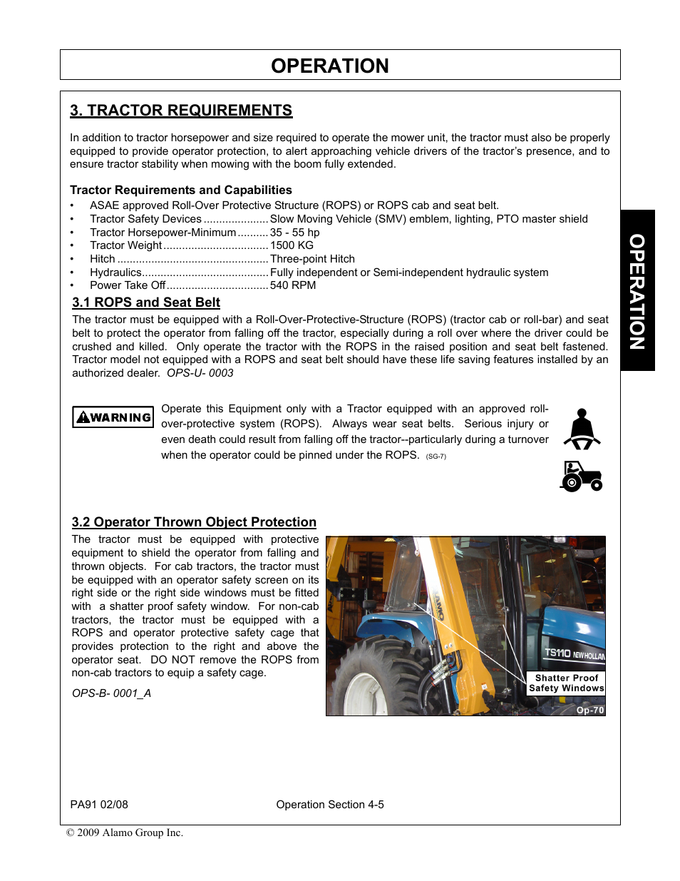 Tractor requirements, Tractor requirements and capabilities, 1 rops and seat belt | 2 operator thrown object protection, Tractor requirements -5 rops and seat belt -5, Operator thrown object protection -5, Operation, Opera t ion | Alamo 7191852C User Manual | Page 57 / 110