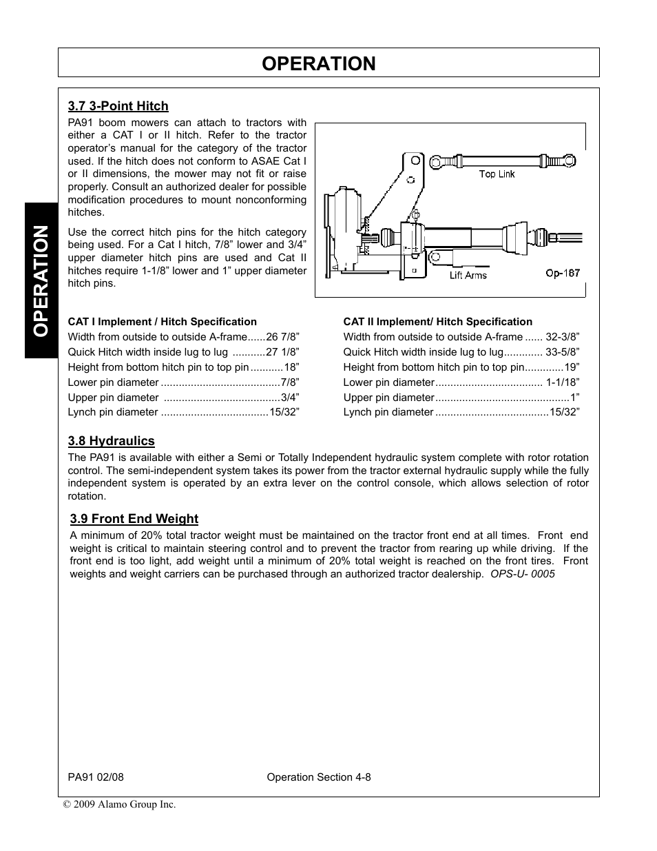 7 3-point hitch, 8 hydraulics, 9 front end weight | Point hitch -8 hydraulics -8 front end weight -8, Operation, Opera t ion | Alamo 7191852C User Manual | Page 60 / 110