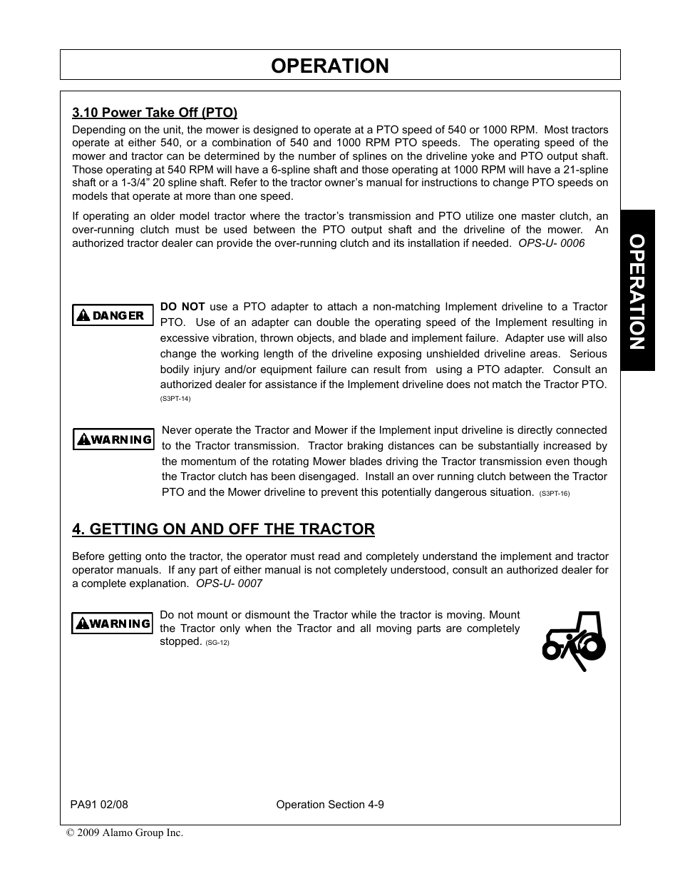 10 power take off (pto), Getting on and off the tractor, Operation | Opera t ion | Alamo 7191852C User Manual | Page 61 / 110