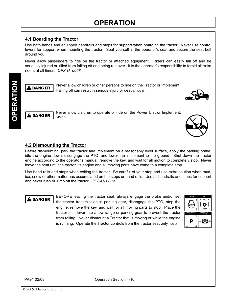 1 boarding the tractor, 2 dismounting the tractor, Operation | Opera t ion | Alamo 7191852C User Manual | Page 62 / 110