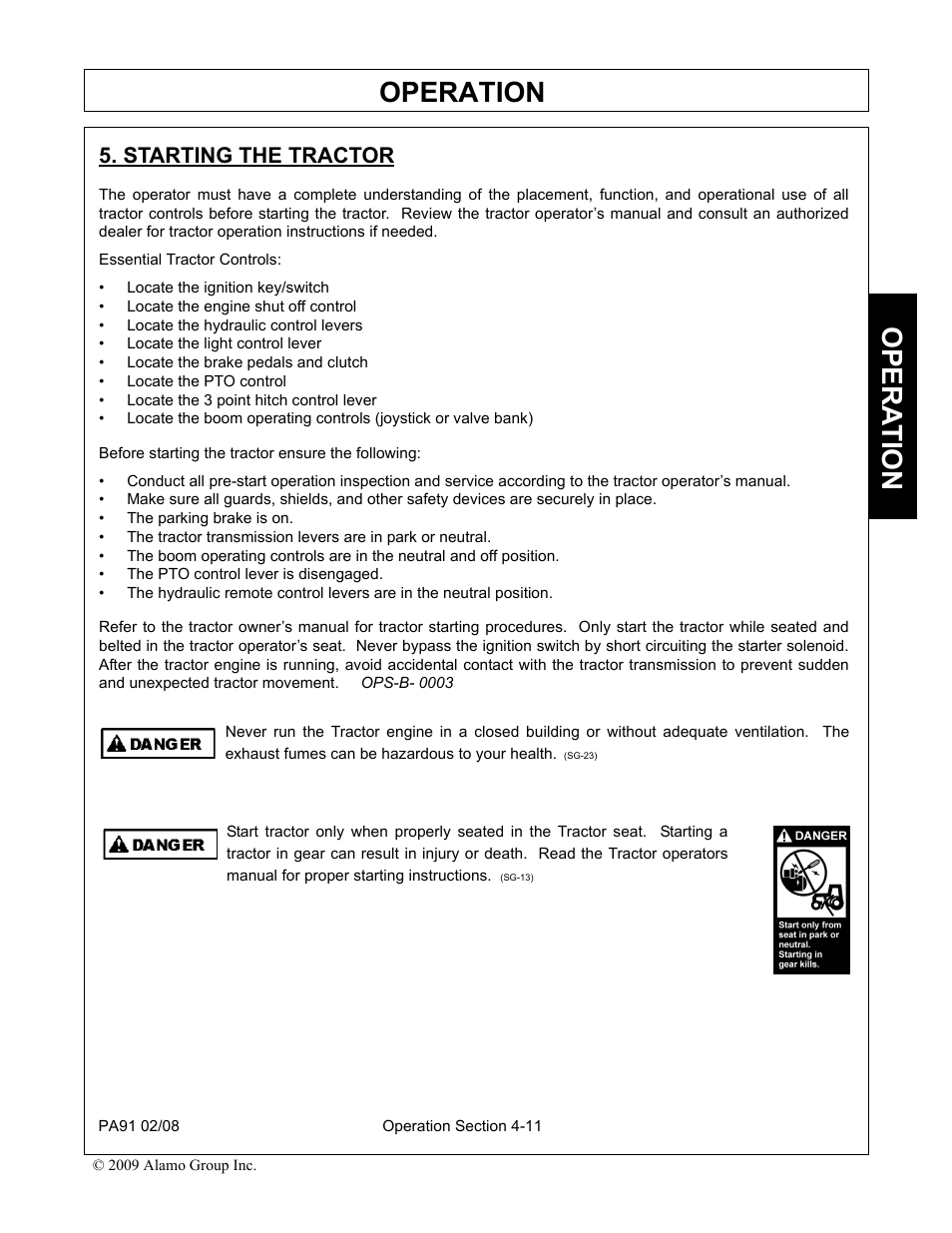 Starting the tractor, Starting the tractor -11, Operation | Opera t ion | Alamo 7191852C User Manual | Page 63 / 110