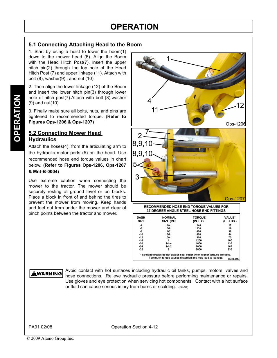 1 connecting attaching head to the boom, 2 connecting mower head hydraulics, Operation | Opera t ion | Alamo 7191852C User Manual | Page 64 / 110