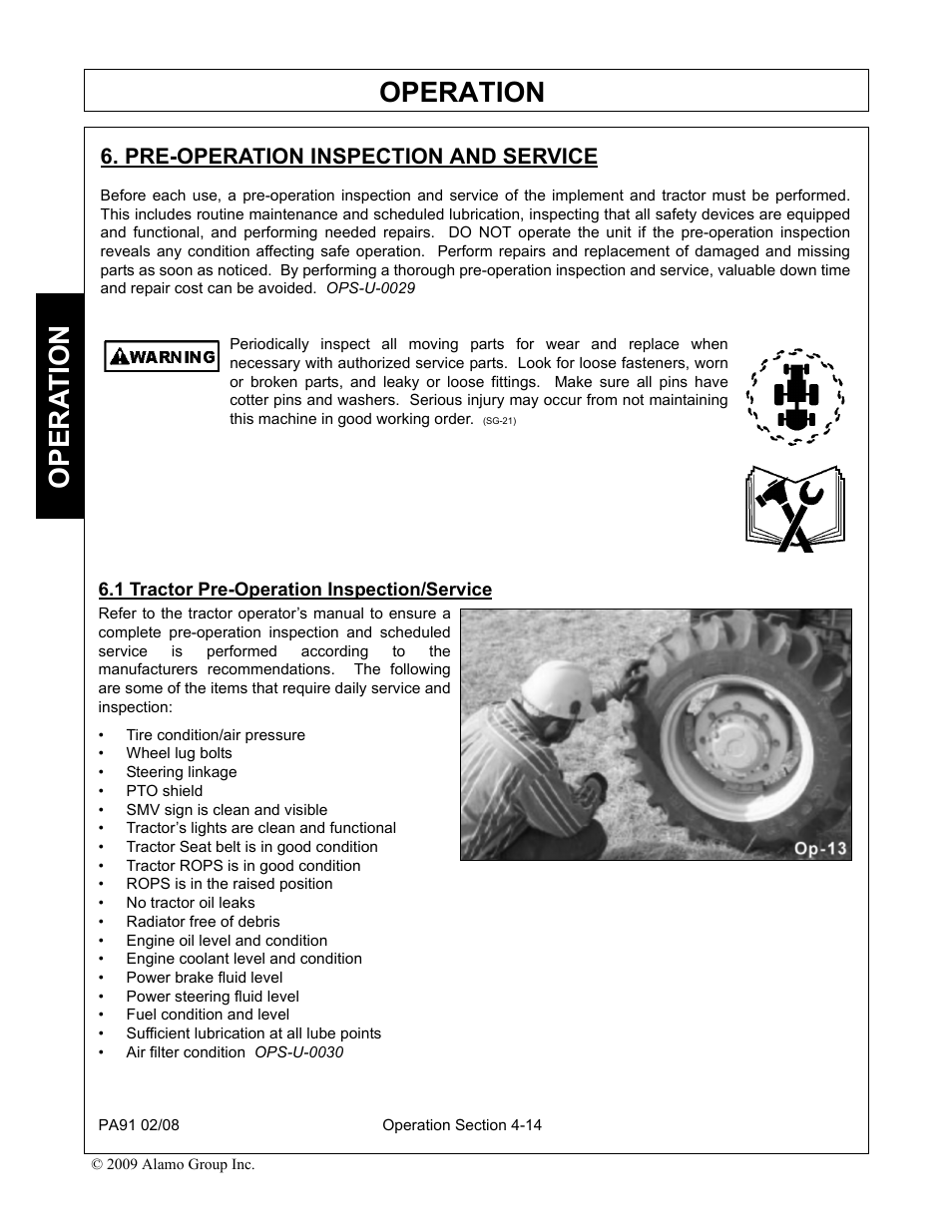 Pre-operation inspection and service, 1 tractor pre-operation inspection/service, Operation | Opera t ion | Alamo 7191852C User Manual | Page 66 / 110