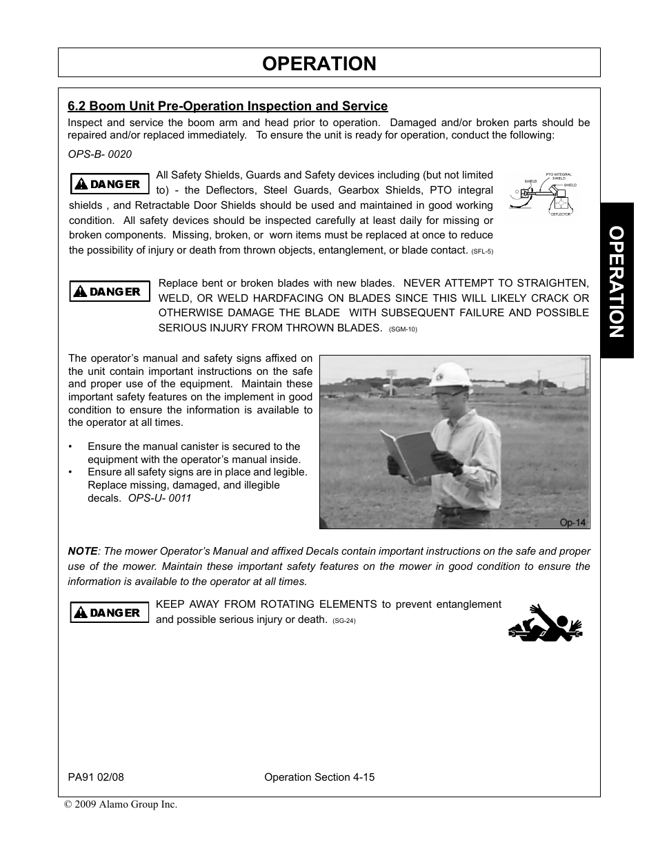 2 boom unit pre-operation inspection and service, Boom unit pre-operation inspection and service -15, Operation | Opera t ion | Alamo 7191852C User Manual | Page 67 / 110