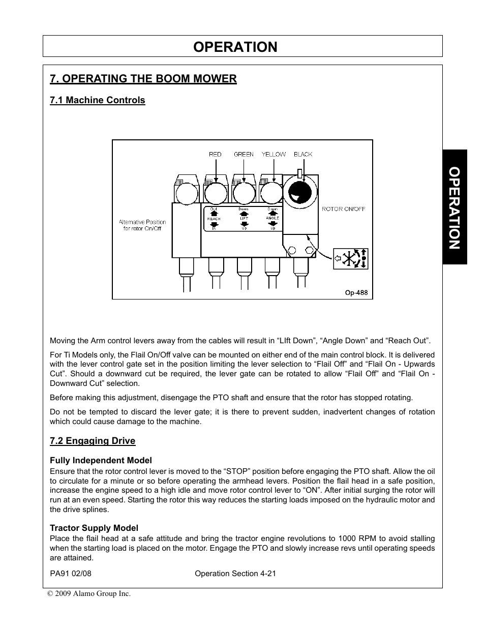 Operating the boom mower, 1 machine controls, 2 engaging drive | Fully independent model, Tractor supply model, Operation, Opera t ion | Alamo 7191852C User Manual | Page 73 / 110