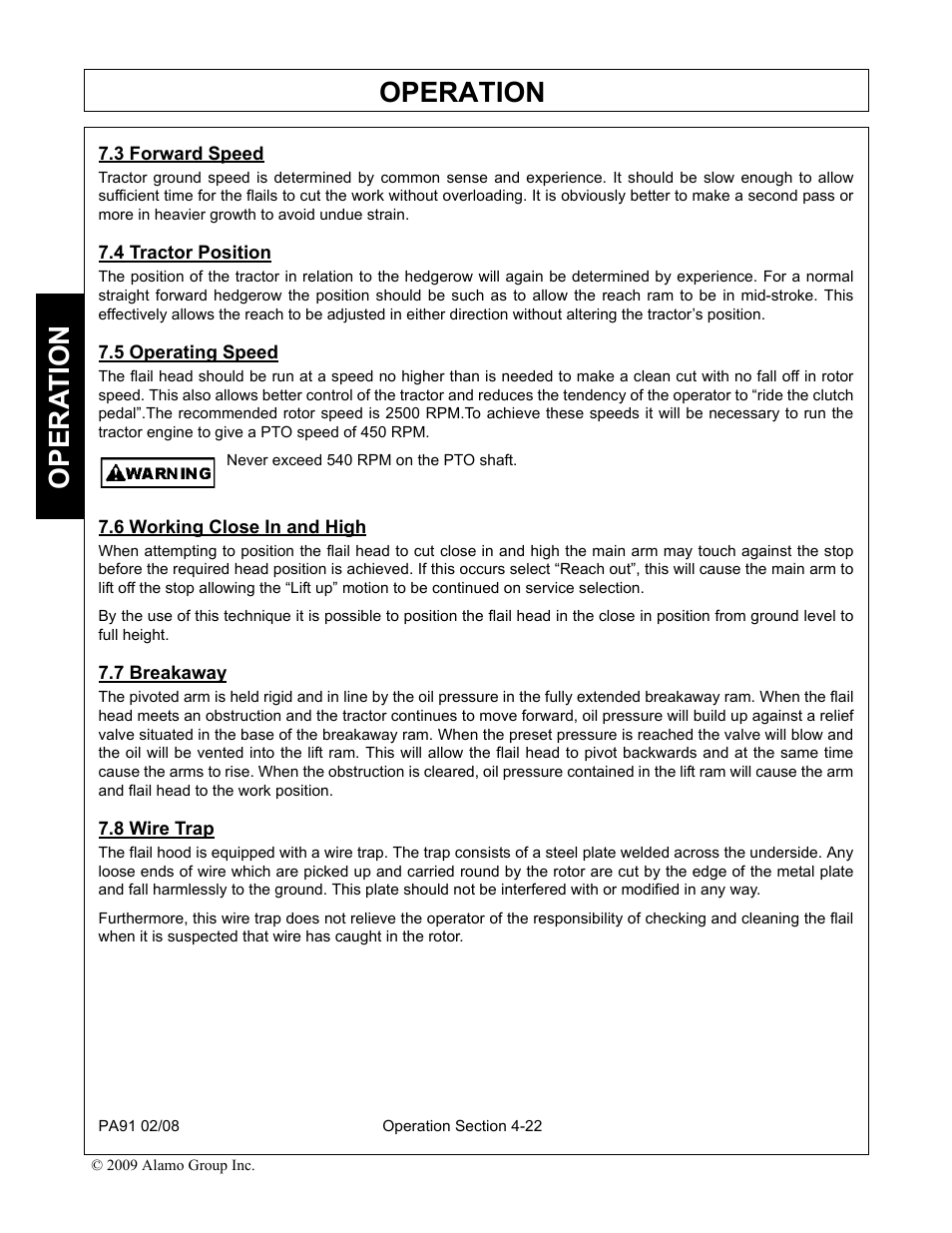 3 forward speed, 4 tractor position, 5 operating speed | 6 working close in and high, 7 breakaway, 8 wire trap, Operation, Opera t ion | Alamo 7191852C User Manual | Page 74 / 110