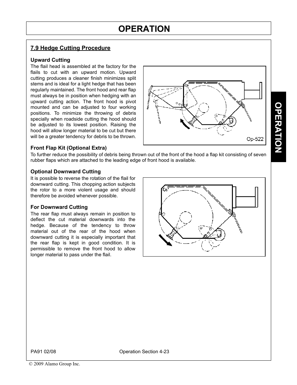 9 hedge cutting procedure, Upward cutting, Front flap kit (optional extra) | Optional downward cutting, For downward cutting, Hedge cutting procedure -23, Operation, Opera t ion | Alamo 7191852C User Manual | Page 75 / 110