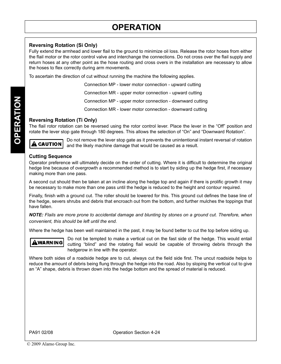 Reversing rotation (si only), Reversing rotation (ti only), Cutting sequence | Operation, Opera t ion | Alamo 7191852C User Manual | Page 76 / 110