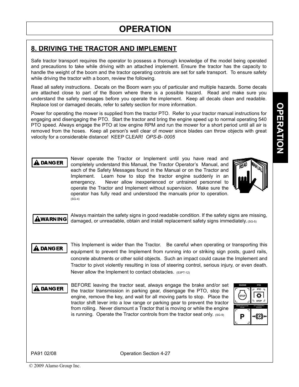 Driving the tractor and implement, Driving the tractor and implement -27, Operation | Opera t ion | Alamo 7191852C User Manual | Page 79 / 110