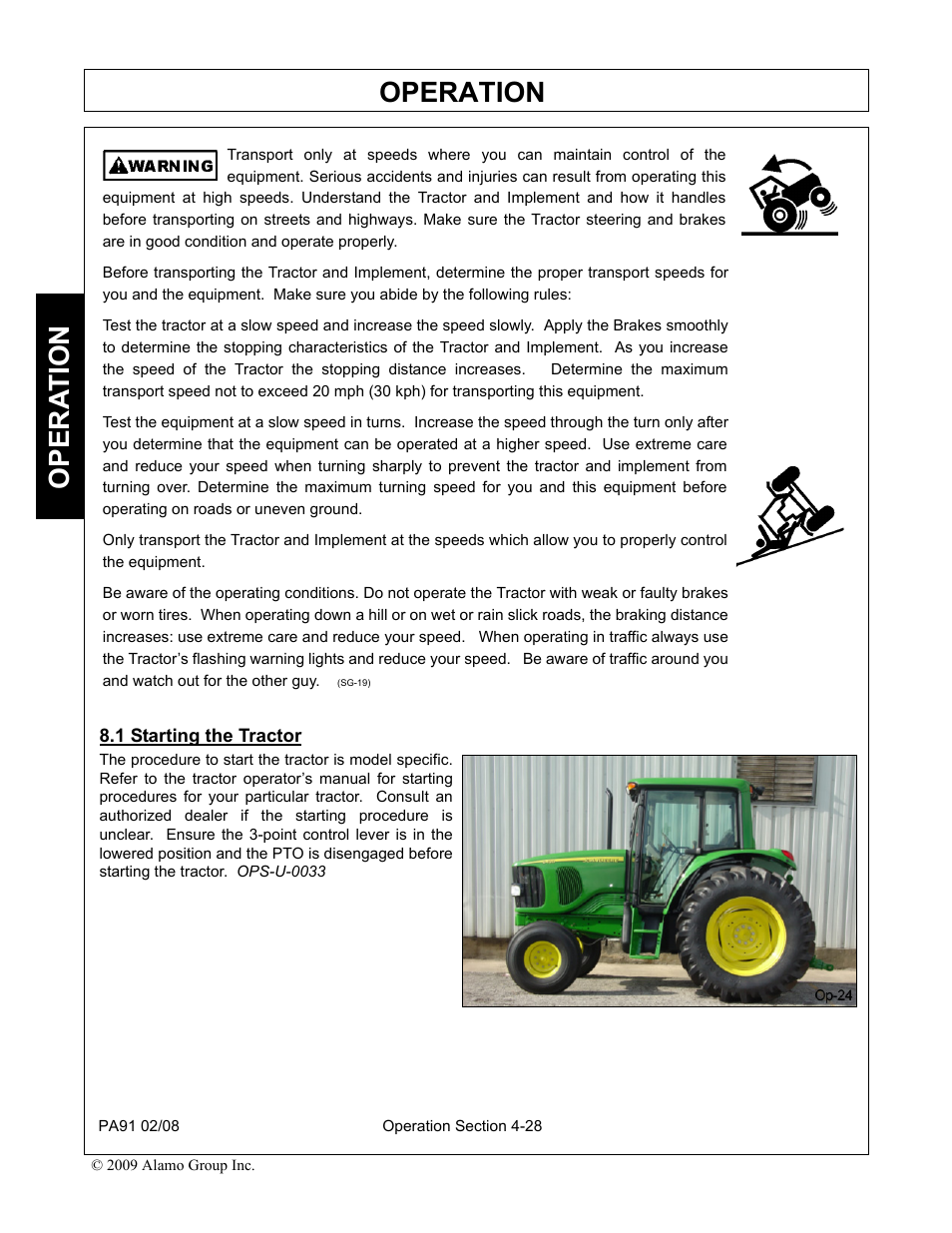 1 starting the tractor, Starting the tractor -28, Operation | Opera t ion | Alamo 7191852C User Manual | Page 80 / 110