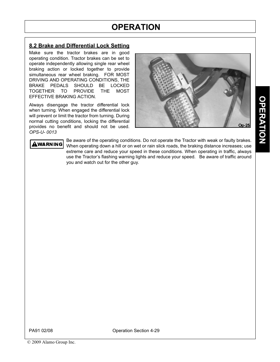 2 brake and differential lock setting, Brake and differential lock setting -29, Operation | Opera t ion | Alamo 7191852C User Manual | Page 81 / 110