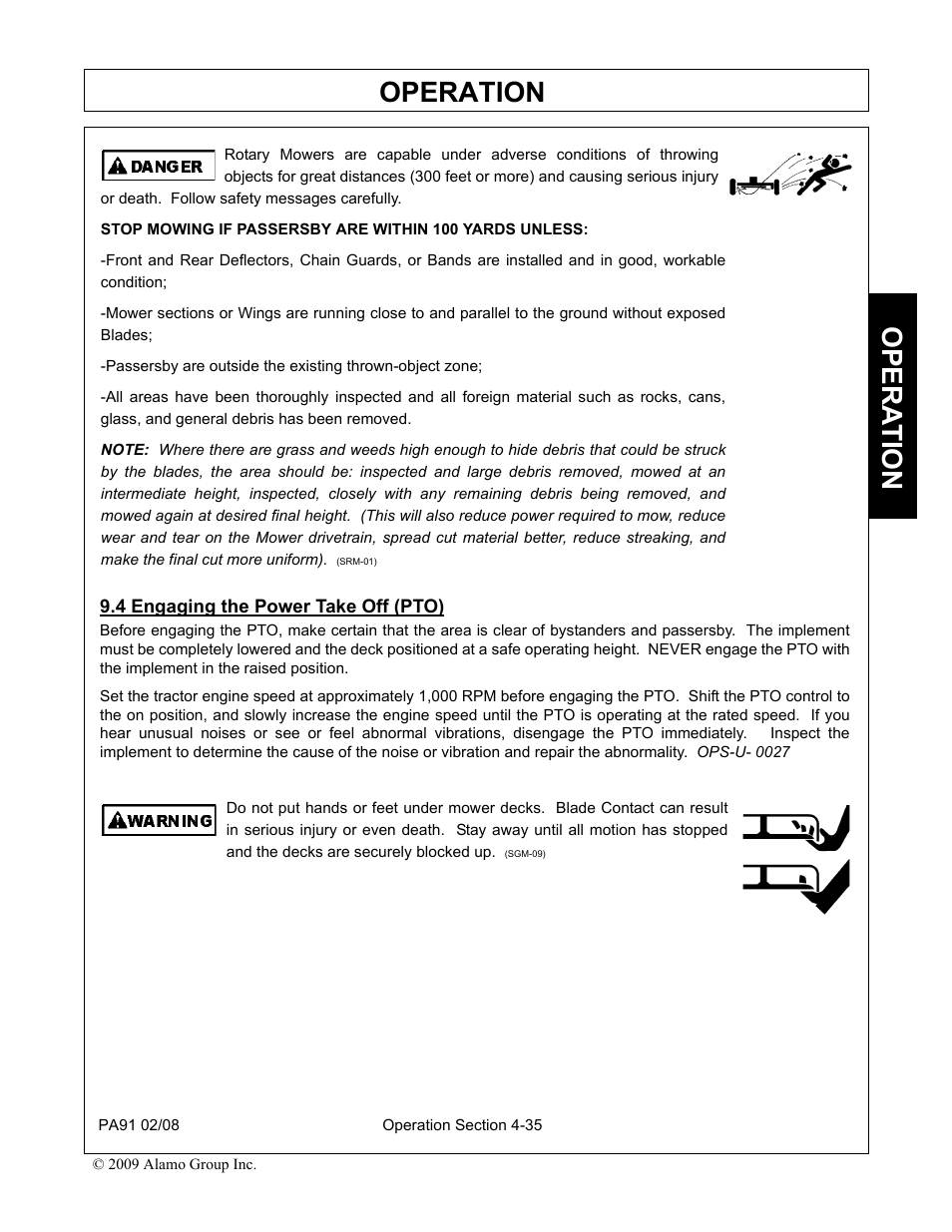 4 engaging the power take off (pto), Engaging the power take off (pto) -35, Operation | Opera t ion | Alamo 7191852C User Manual | Page 87 / 110