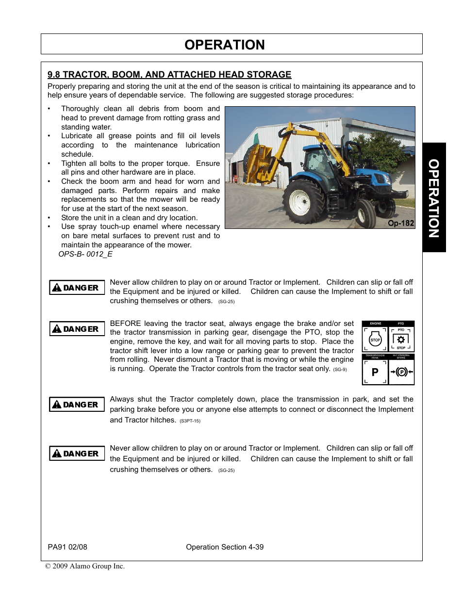 8 tractor, boom, and attached head storage, Tractor, boom, and attached head storage -39, Operation | Opera t ion | Alamo 7191852C User Manual | Page 91 / 110