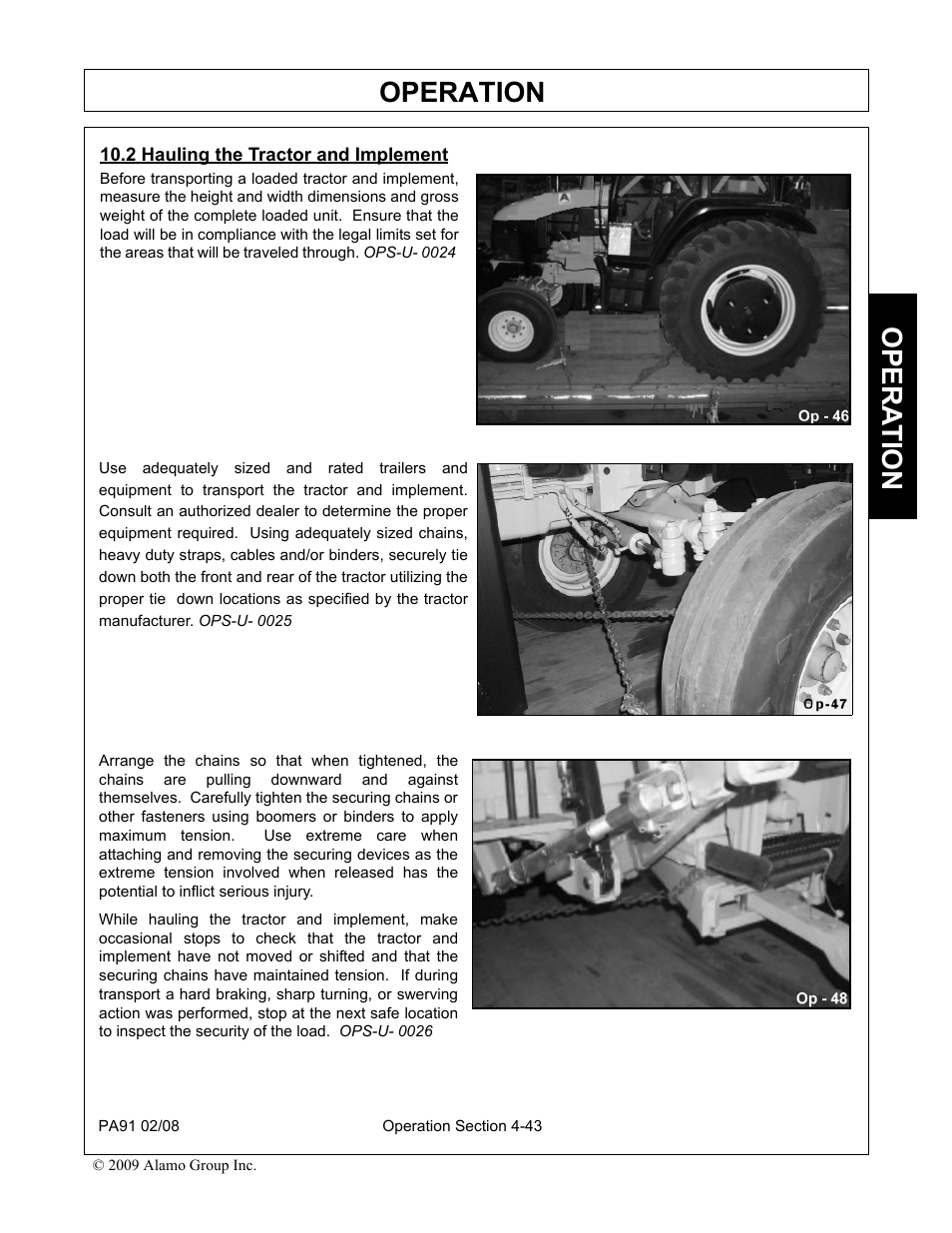 2 hauling the tractor and implement, Hauling the tractor and implement -43, Operation | Opera t ion | Alamo 7191852C User Manual | Page 95 / 110