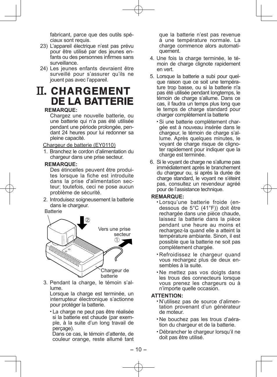 Chargement de la batterie | Panasonic EY0110 User Manual | Page 10 / 40