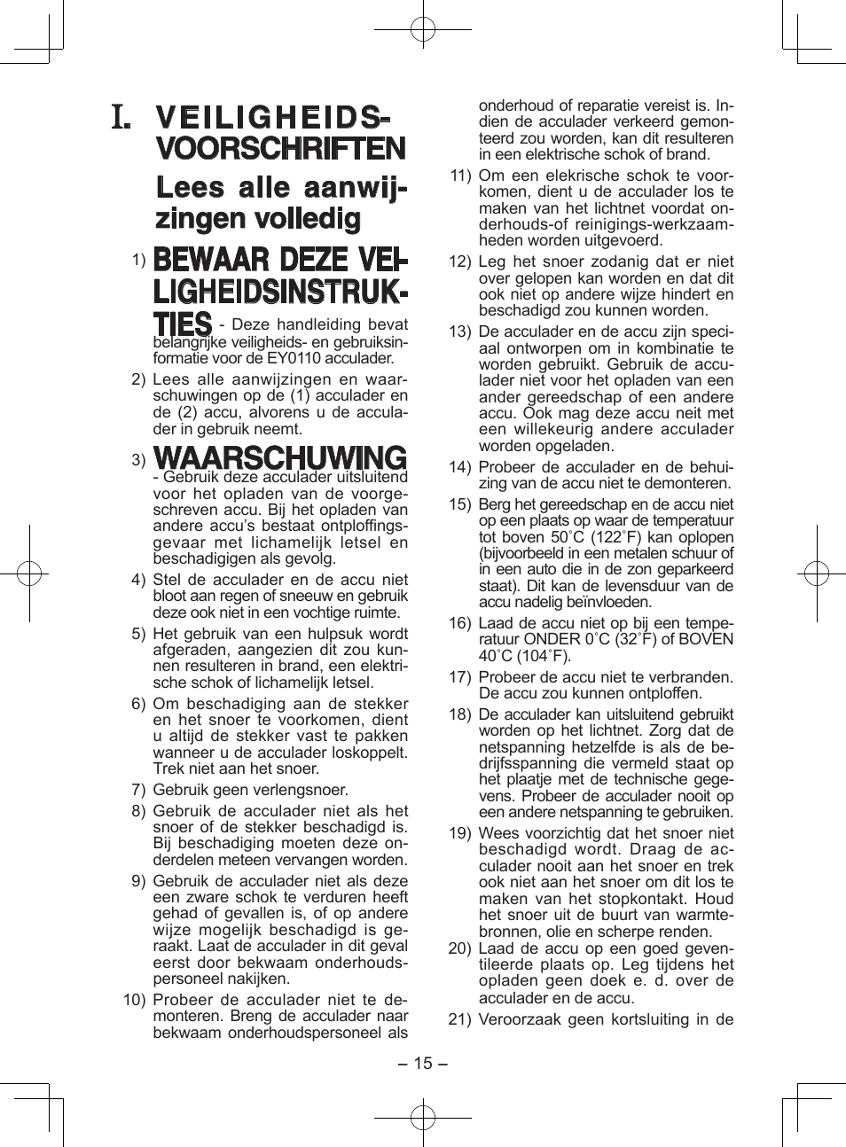 Bewaar deze vei- ligheidsinstruk- ties, Waarschuwing, Veiligheids- voorschriften | Lees alle aanwij- zingen volledig | Panasonic EY0110 User Manual | Page 15 / 40