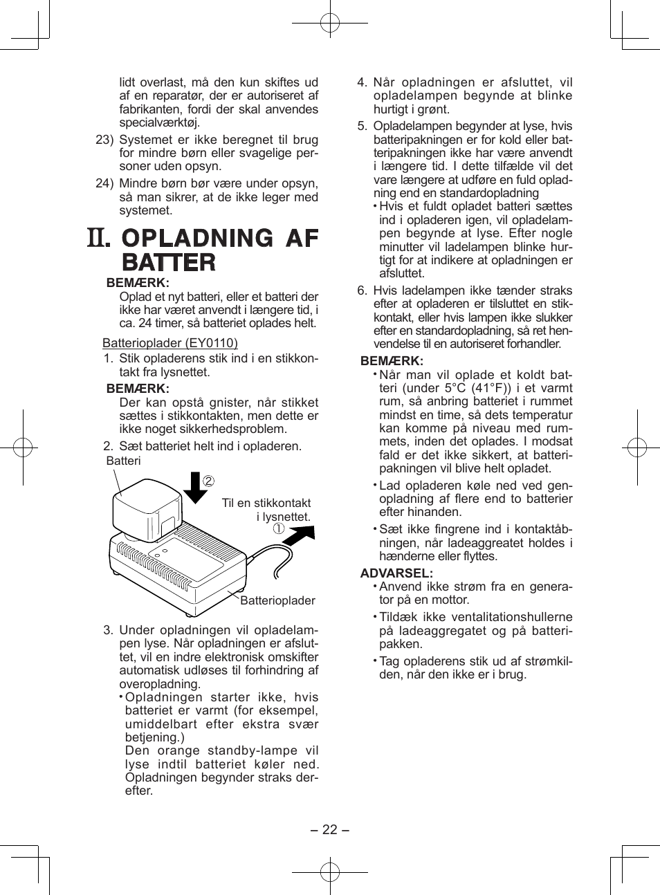 Opladning af batter | Panasonic EY0110 User Manual | Page 22 / 40