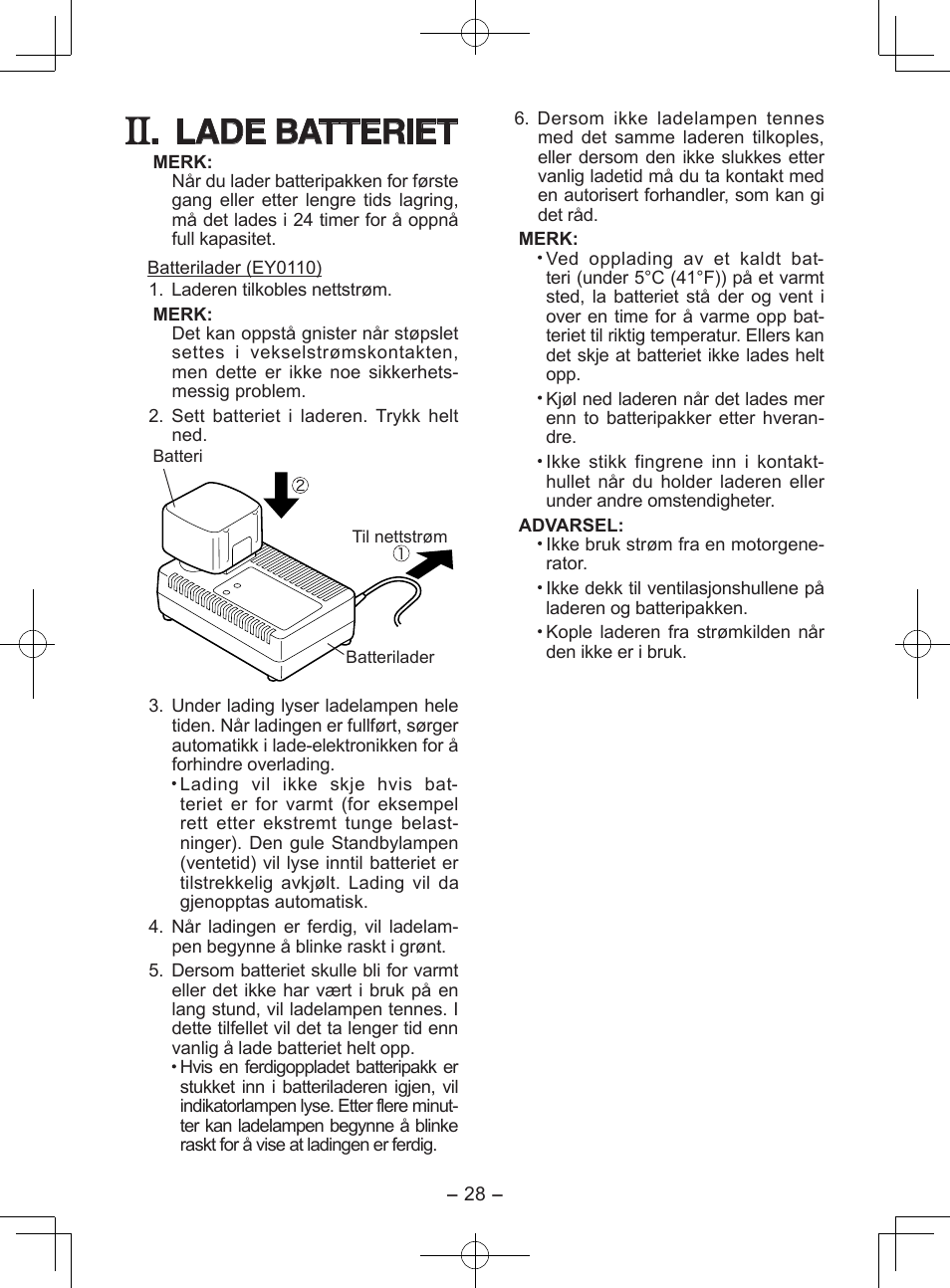 Lade batteriet | Panasonic EY0110 User Manual | Page 28 / 40