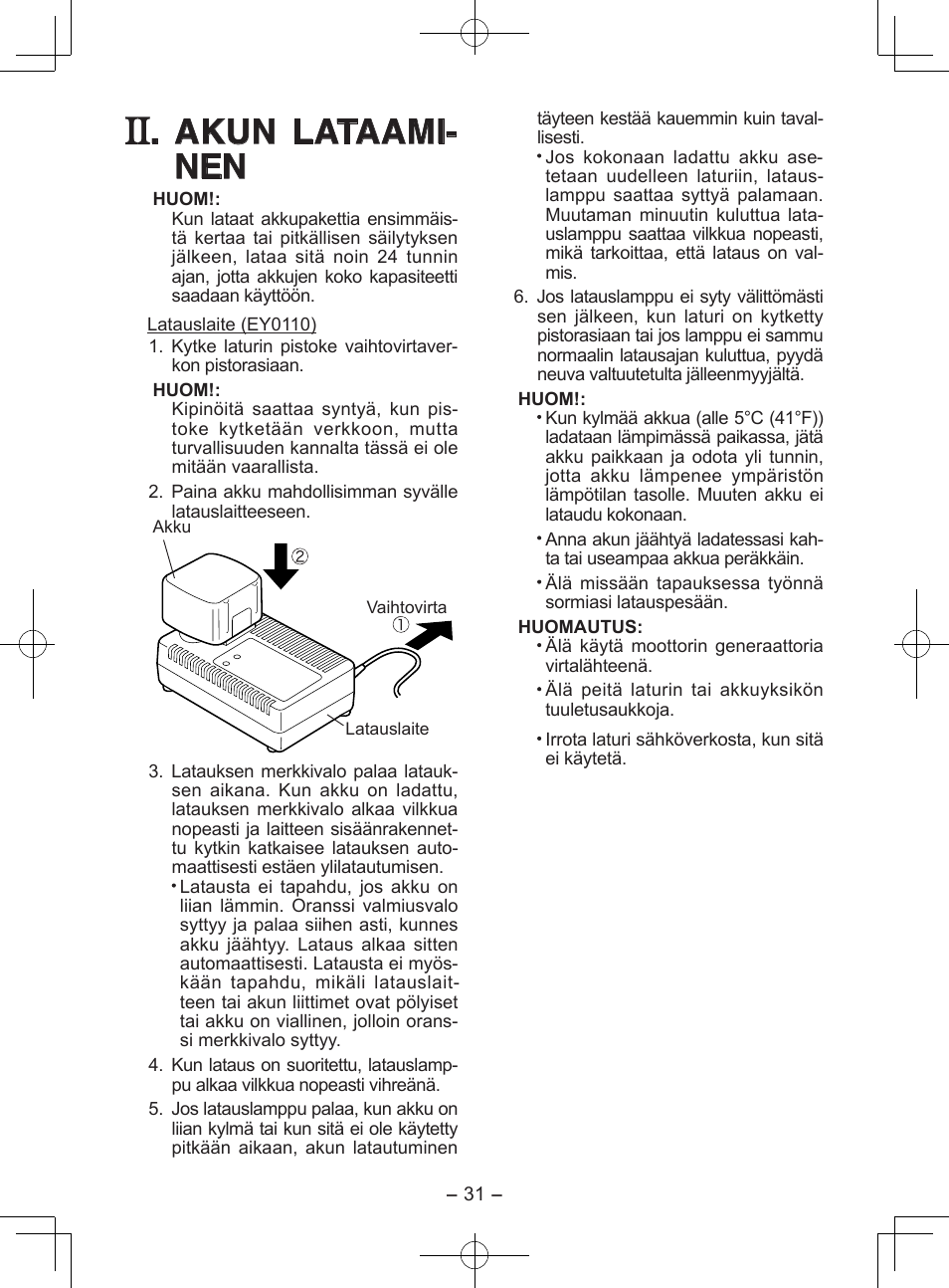 Akun lataami- nen | Panasonic EY0110 User Manual | Page 31 / 40