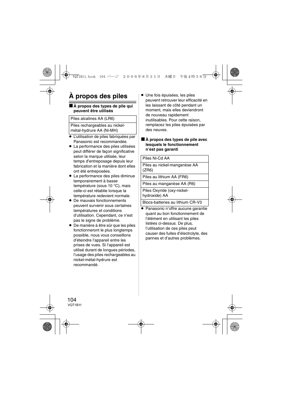 À propos des piles | Panasonic DMWFL360E User Manual | Page 104 / 196