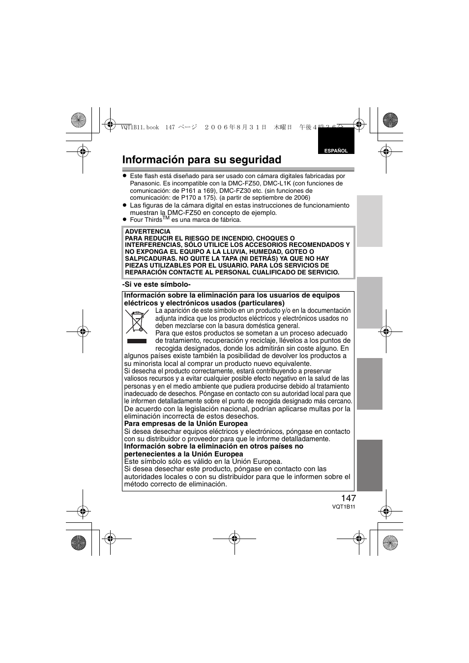 Información para su seguridad | Panasonic DMWFL360E User Manual | Page 147 / 196