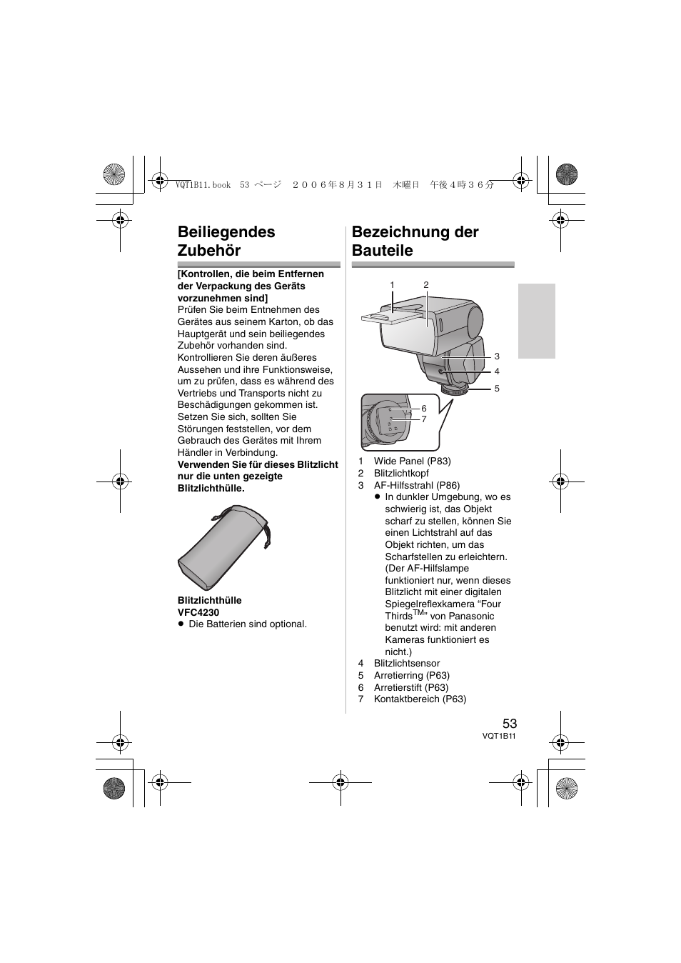 Beiliegendes zubehör, Bezeichnung der bauteile | Panasonic DMWFL360E User Manual | Page 53 / 196