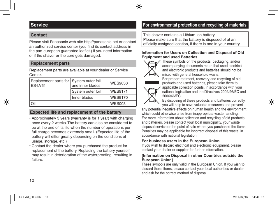 Panasonic ESLV61 User Manual | Page 10 / 142