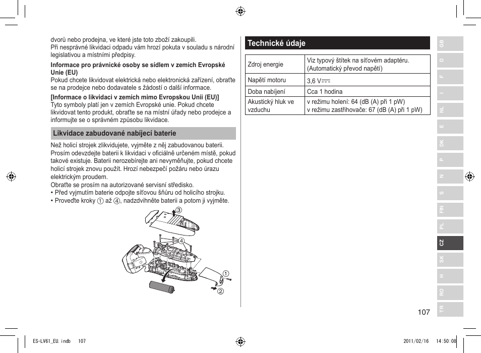 Technické údaje | Panasonic ESLV61 User Manual | Page 107 / 142