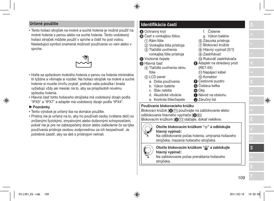Identifikácia častí | Panasonic ESLV61 User Manual | Page 109 / 142