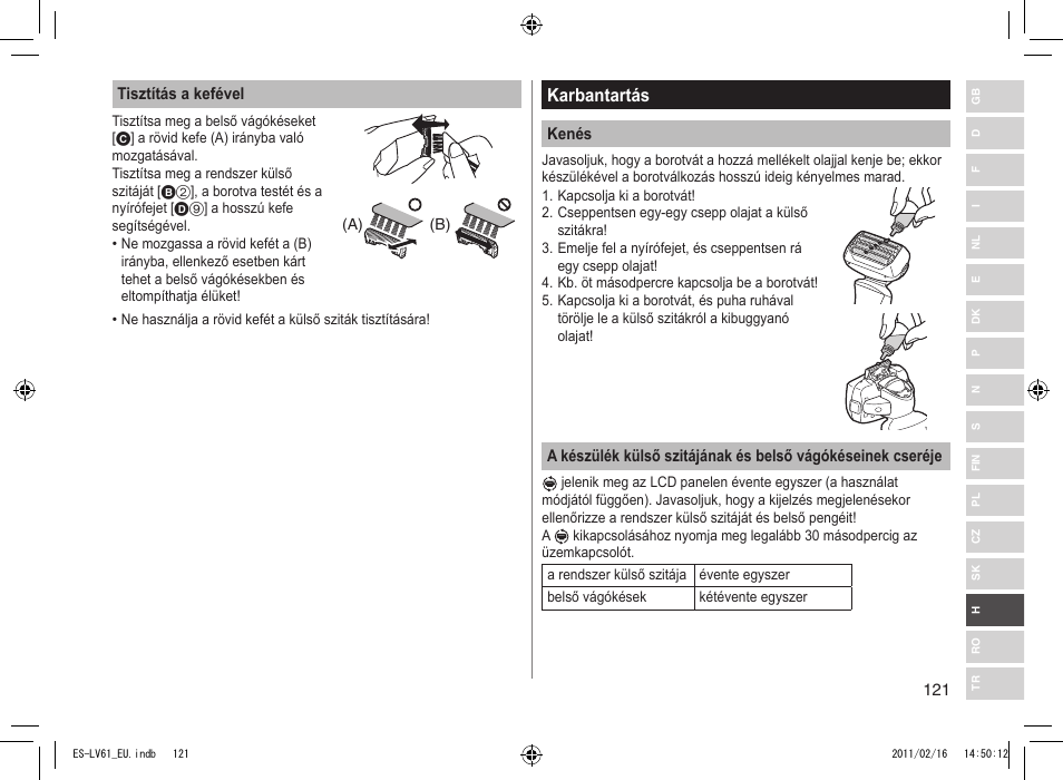 Karbantartás | Panasonic ESLV61 User Manual | Page 121 / 142