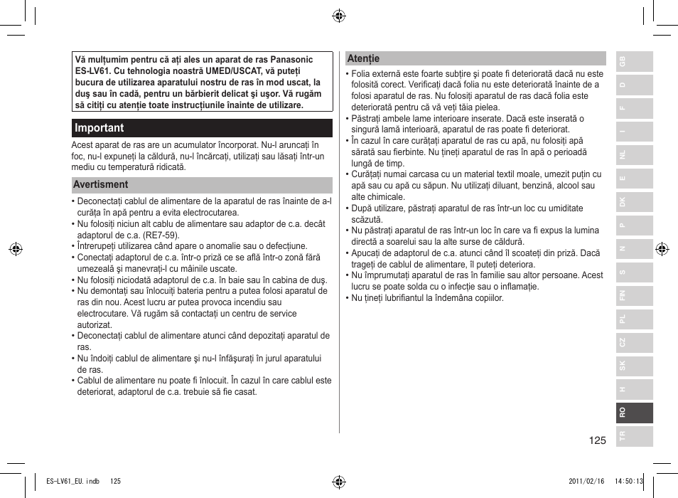 Important | Panasonic ESLV61 User Manual | Page 125 / 142