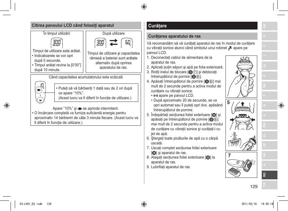 Curăţare | Panasonic ESLV61 User Manual | Page 129 / 142
