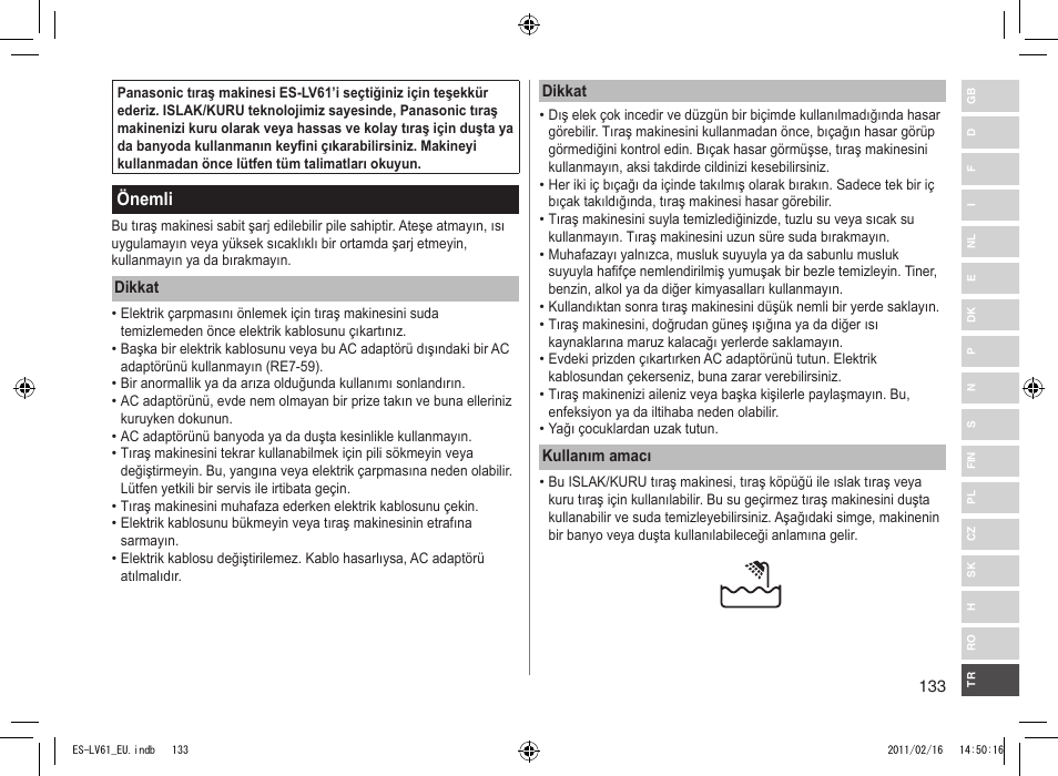Önemli | Panasonic ESLV61 User Manual | Page 133 / 142