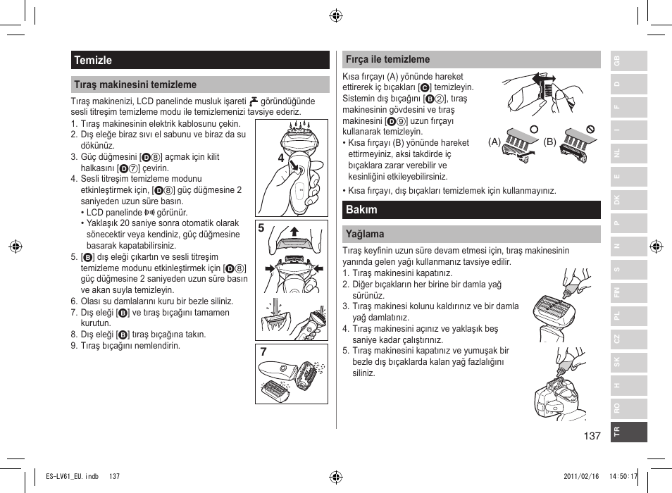 Temizle, Bakım | Panasonic ESLV61 User Manual | Page 137 / 142