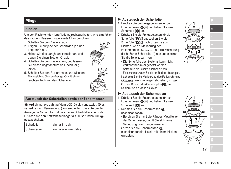 Pflege | Panasonic ESLV61 User Manual | Page 17 / 142