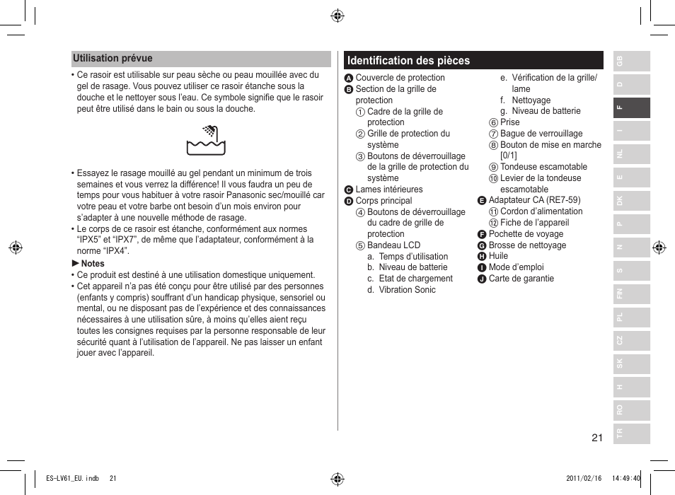 Identification des pièces | Panasonic ESLV61 User Manual | Page 21 / 142