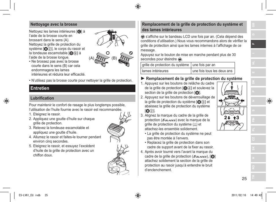 Entretien | Panasonic ESLV61 User Manual | Page 25 / 142