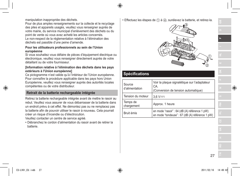 Spécifications | Panasonic ESLV61 User Manual | Page 27 / 142