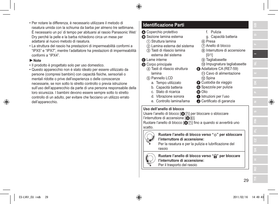 Identificazione parti | Panasonic ESLV61 User Manual | Page 29 / 142