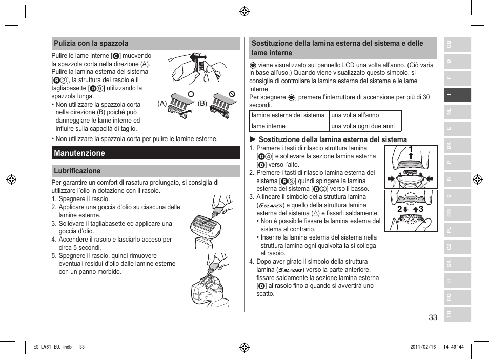 Manutenzione | Panasonic ESLV61 User Manual | Page 33 / 142