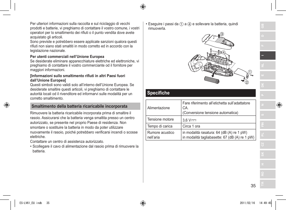 Specifiche | Panasonic ESLV61 User Manual | Page 35 / 142