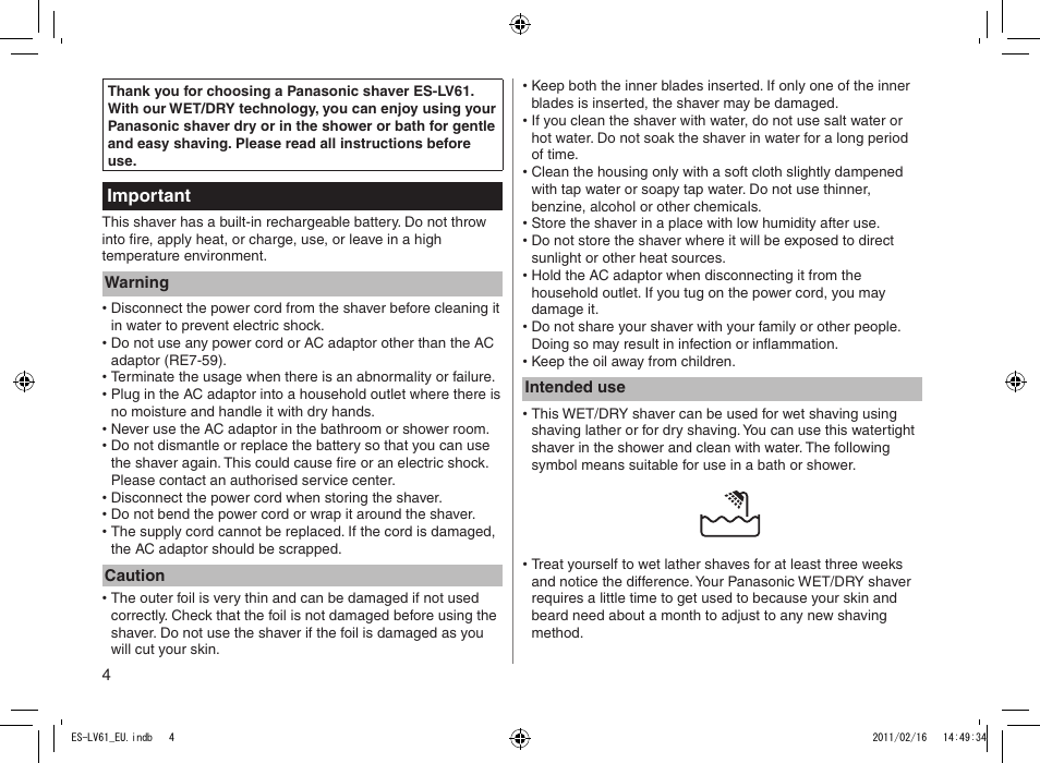 Panasonic ESLV61 User Manual | Page 4 / 142