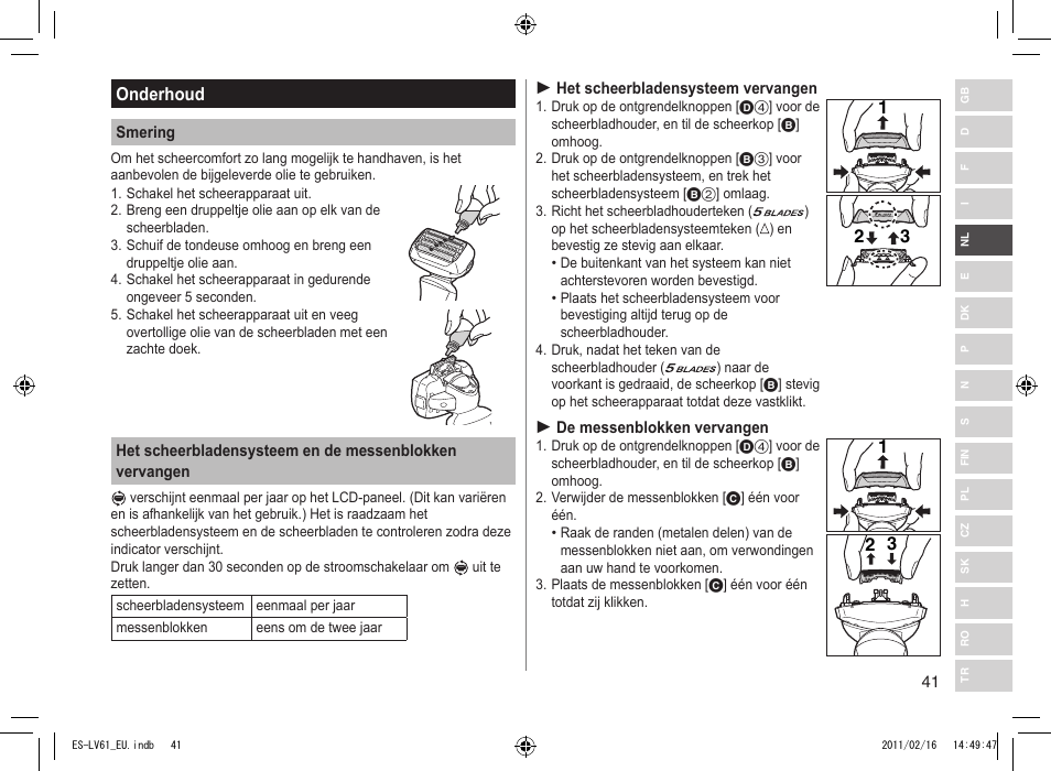 Onderhoud | Panasonic ESLV61 User Manual | Page 41 / 142