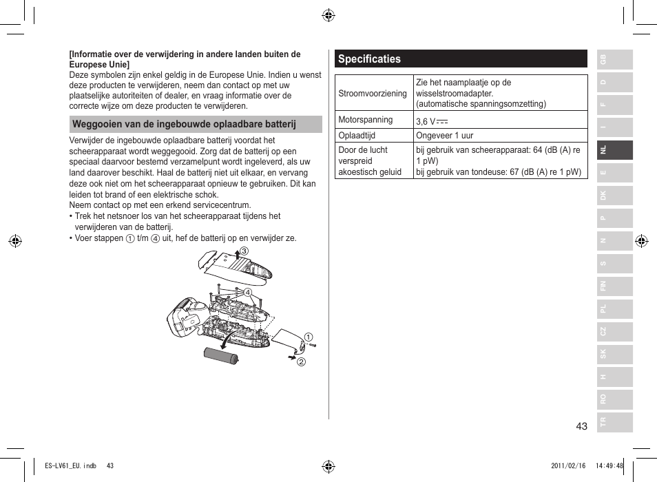Specificaties | Panasonic ESLV61 User Manual | Page 43 / 142